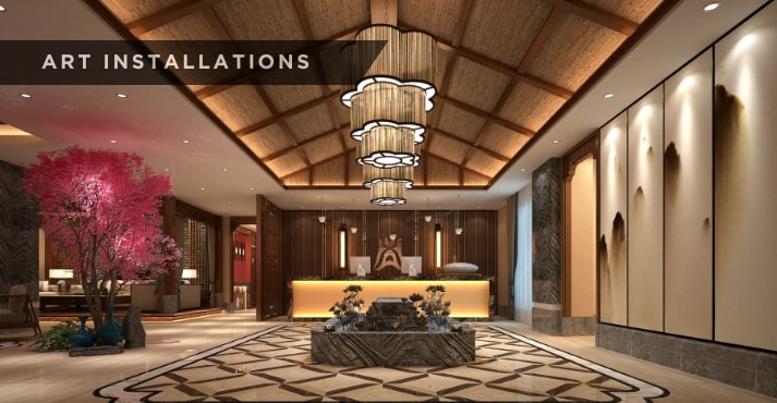 Art installations in hotel lobby