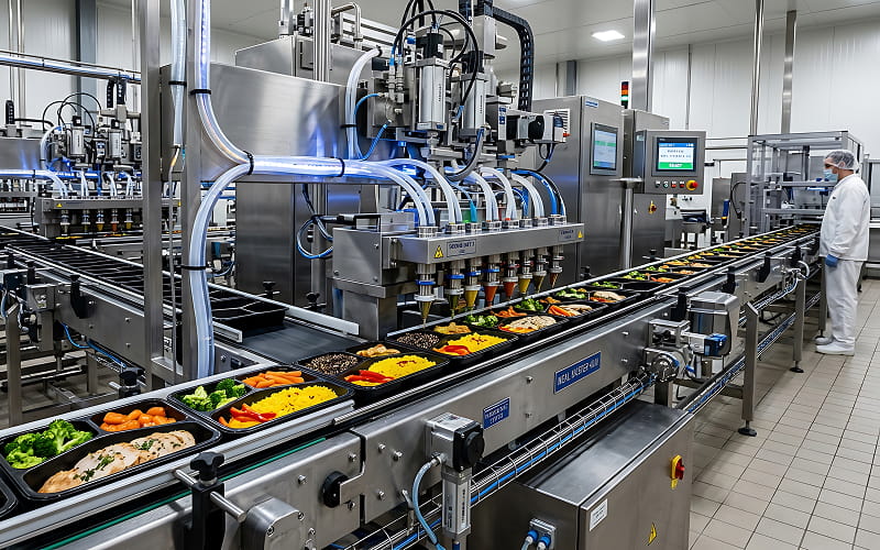 Automated-conveyor-line-packaging-prepared-meals-in-industrial-factory