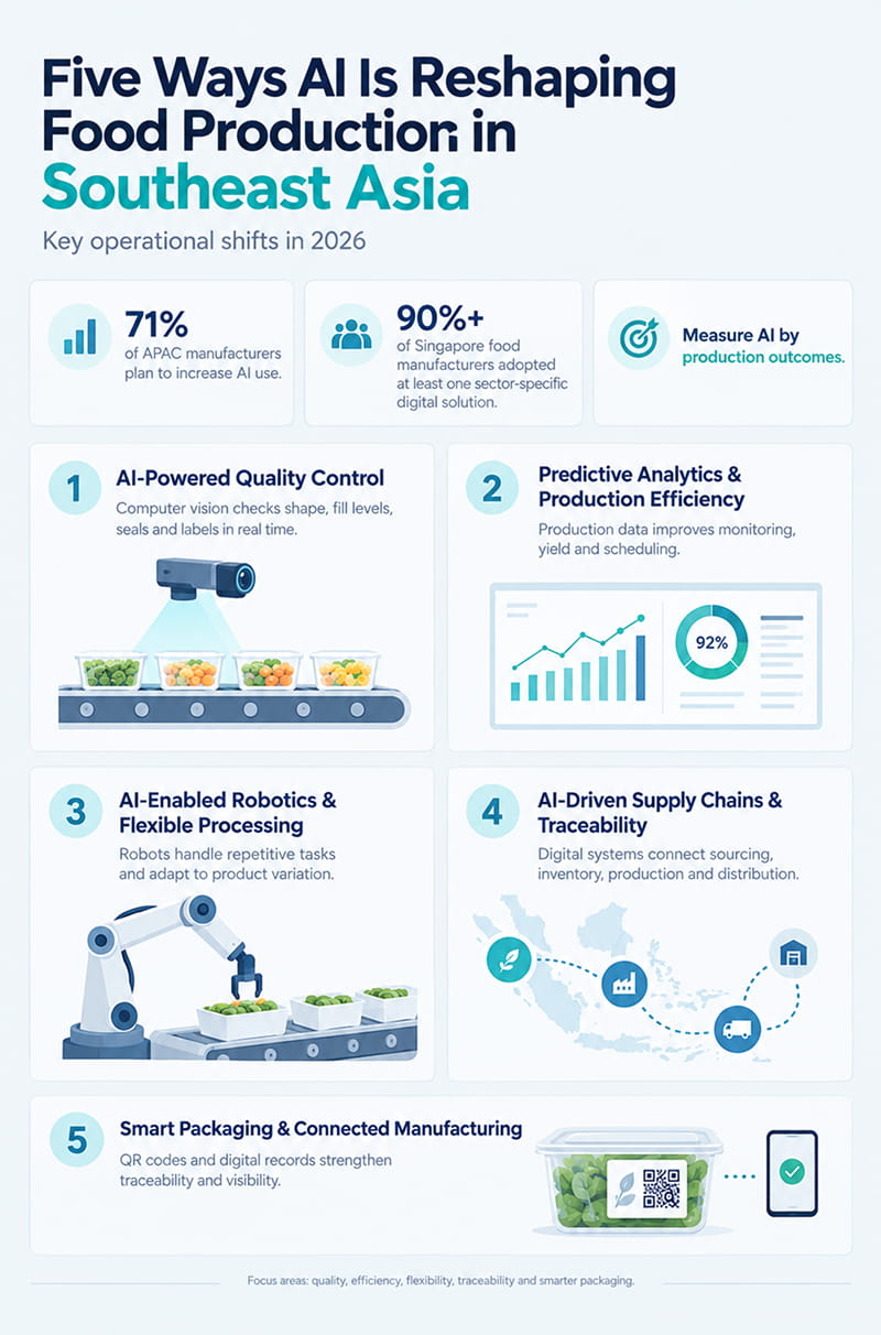 Infographic outlining five ways AI is reshaping Southeast Asia food production