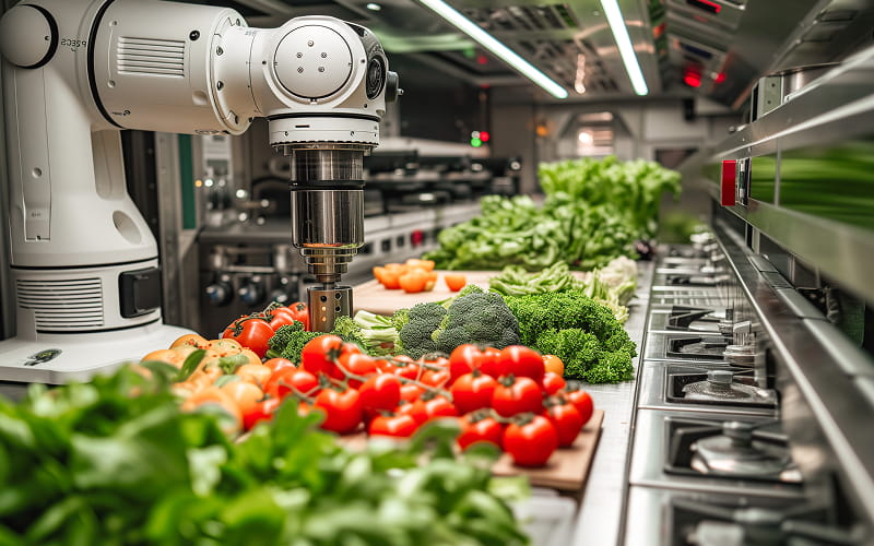Robotic-arm-sorting-fresh-vegetables-in-automated-futuristic-kitchen
